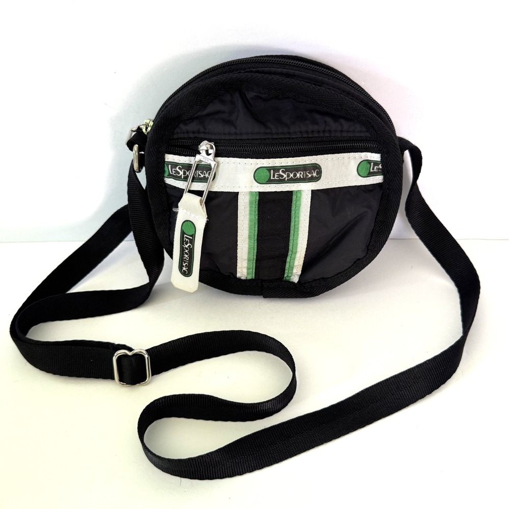 LeSportsac Circle Round Crossbody Zip Bag, Green White Black Nylon,  6" Diameter